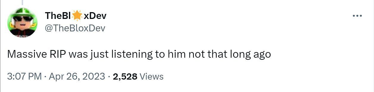 A comment reacting to Suede's death (Image via Twitter/ @TheBloxDev)